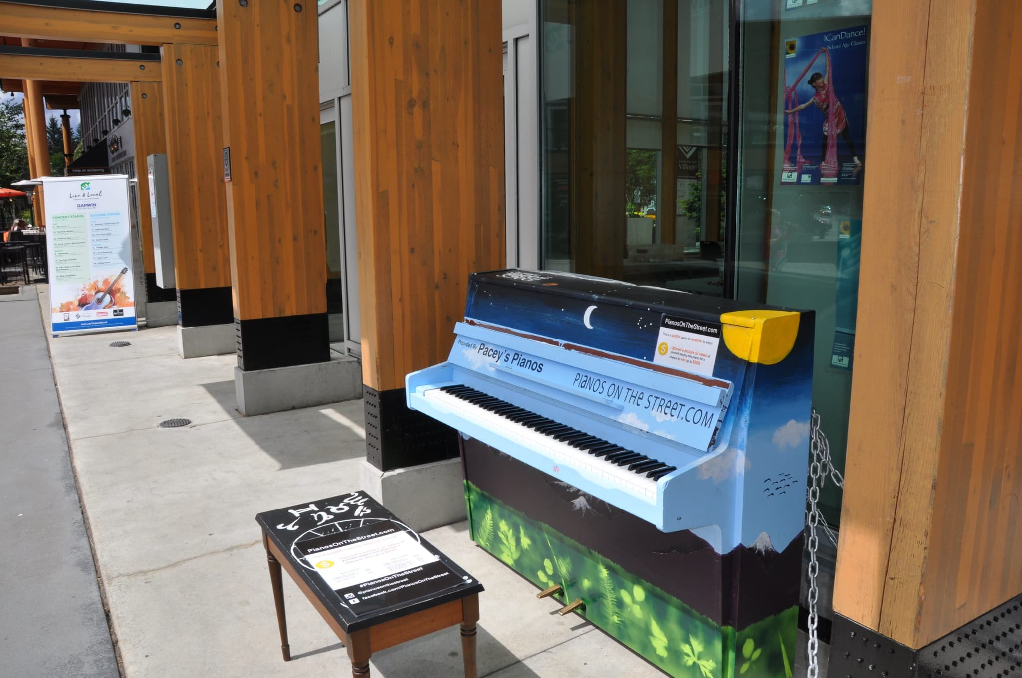 A sky-blue upright painted with a night-to-day mountain mural outside Lynn Valley Village shops.